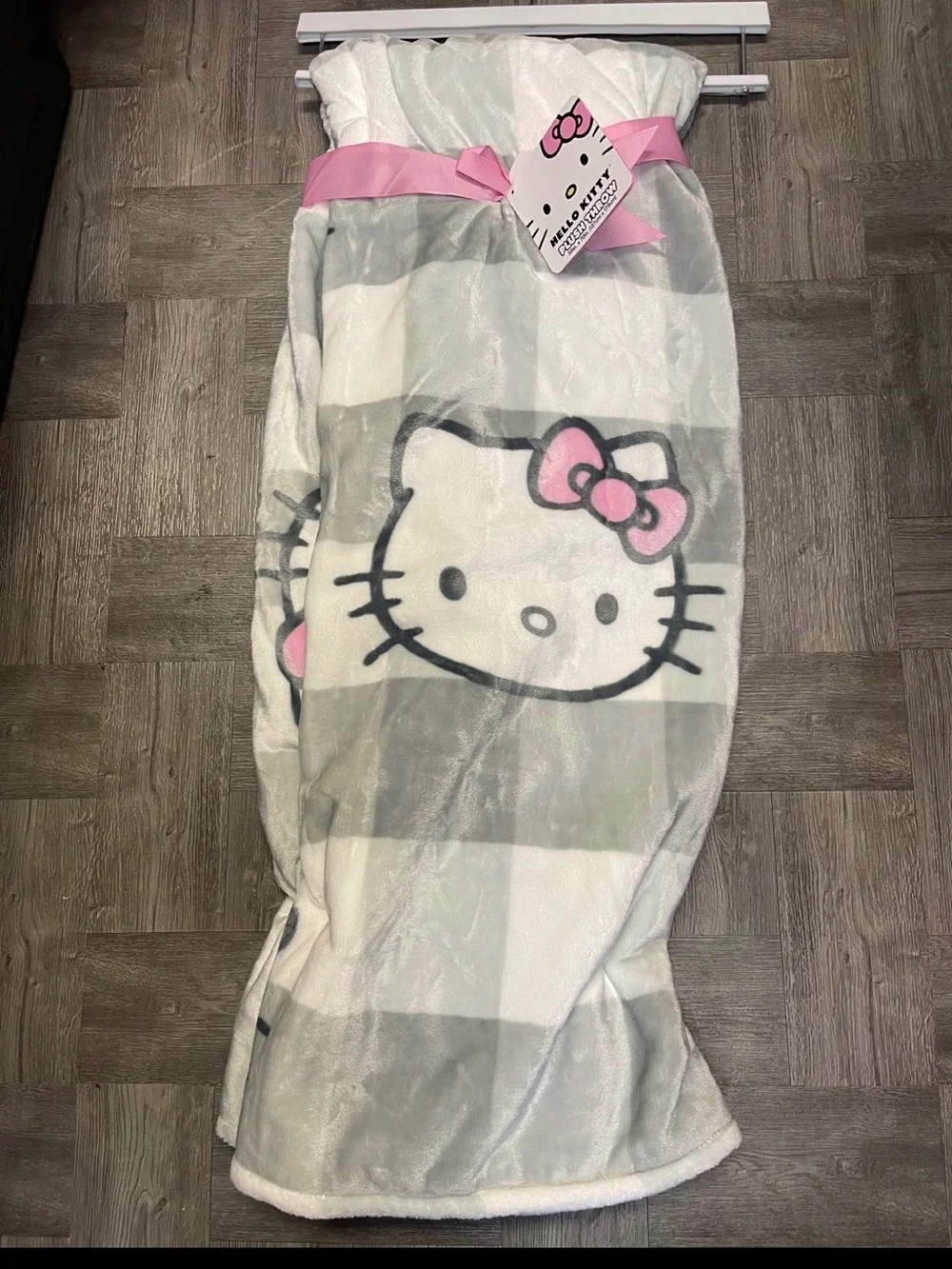 Hello Kitty Striped Plush Throw Blanket in Pink & Gray